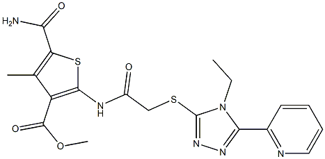 methyl 5-carbamoyl-2-(2-((4-ethyl-5-(pyridin-2-yl)-4H-1,2,4-triazol-3-yl)thio)acetamido)-4-methylthiophene-3-carboxylate Struktur