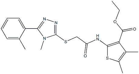 ethyl 4,5-dimethyl-2-(2-((4-methyl-5-(o-tolyl)-4H-1,2,4-triazol-3-yl)thio)acetamido)thiophene-3-carboxylate Struktur