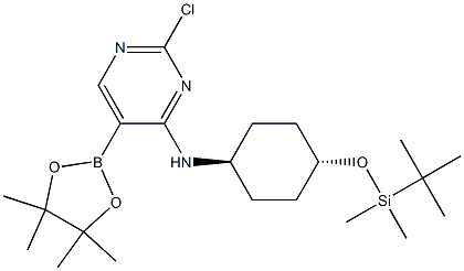 2-chloro-N-[trans-4-[(tert-butyldimethylsilyl)oxy]cyclohexyl]-5-(tetramethyl-1,3,2-dioxaborolan-2-yl)pyrimidin-4-amine Struktur