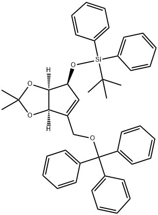 tert-butyl(((3aR,4S,6aR)-2,2-dimethyl-6-((trityloxy)methyl)-4,6a-dihydro-3aH-cyclopenta[d][1,3]dioxol-4-yl)oxy)diphenylsilane Struktur