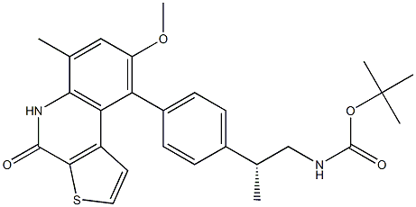 (R)-tert-butyl 2-(4-(8-methoxy-6-methyl-4-oxo-4,5-dihydrothieno[2,3-c]quinolin-9-yl)phenyl)propylcarbamate Struktur