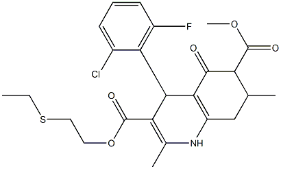 3-(2-(ethylthio)ethyl) 6-methyl 4-(2-chloro-6-fluorophenyl)-2,7-dimethyl-5-oxo-1,4,5,6,7,8-hexahydroquinoline-3,6-dicarboxylate Struktur