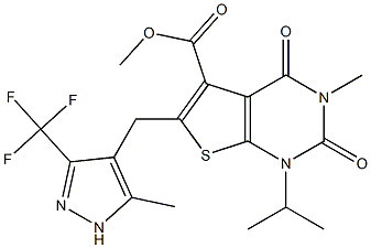 methyl 1-isopropyl-3-methyl-6-((5-methyl-3-(trifluoromethyl)-1H-pyrazol-4-yl)methyl)-2,4-dioxo-1,2,3,4-tetrahydrothieno[2,3-d]pyrimidine-5-carboxylate Struktur