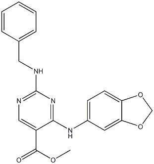 4-(Benzo[1,3]dioxol-5-ylamino)-2-benzylamino-pyrimidine-5-carboxylic acid methyl ester Struktur