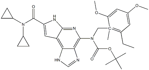 tert-butyl 7-(dicyclopropylcarbamoyl)-6-ethyl-1-methyl-1,6-dihydroimidazo[4,5-d]pyrrolo[2,3-b]pyridin-4-yl(2,4-dimethoxybenzyl)carbamate Struktur