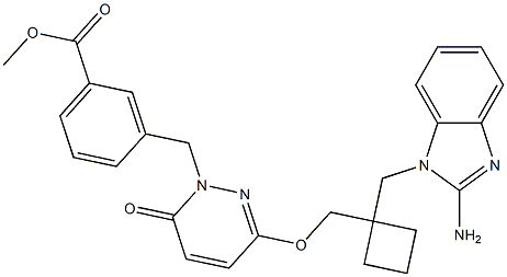 3-{3-[1-(2-Amino-benzoimidazol-1-ylmethyl)-cyclobutylmethoxy]-6-oxo-6H-pyridazin-1-ylmethyl}-benzoic acid methyl ester Struktur