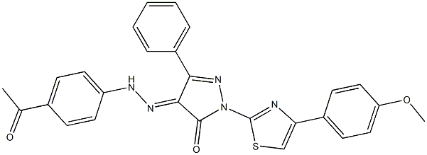 4-[(4-acetylphenyl)hydrazono]-2-[4-(4-methoxyphenyl)-1,3-thiazol-2-yl]-5-phenyl-2,4-dihydro-3H-pyrazol-3-one Struktur