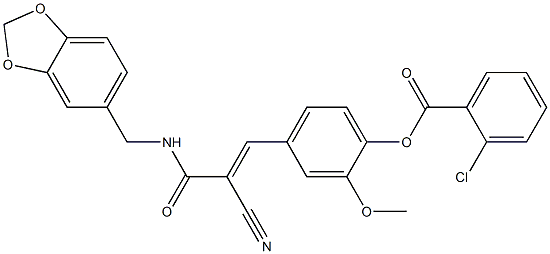 (E)-4-(3-((benzo[d][1,3]dioxol-5-ylmethyl)amino)-2-cyano-3-oxoprop-1-en-1-yl)-2-methoxyphenyl 2-chlorobenzoate Struktur