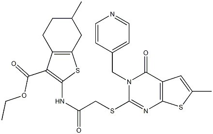 ethyl 6-methyl-2-(2-((6-methyl-4-oxo-3-(pyridin-4-ylmethyl)-3,4-dihydrothieno[2,3-d]pyrimidin-2-yl)thio)acetamido)-4,5,6,7-tetrahydrobenzo[b]thiophene-3-carboxylate Struktur