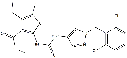 methyl 2-(3-(1-(2,6-dichlorobenzyl)-1H-pyrazol-4-yl)thioureido)-4-ethyl-5-methylthiophene-3-carboxylate Struktur