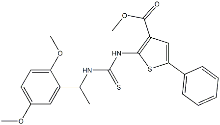 methyl 2-(3-(1-(2,5-dimethoxyphenyl)ethyl)thioureido)-5-phenylthiophene-3-carboxylate Struktur