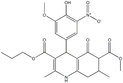 6-methyl 3-propyl 4-(4-hydroxy-3-methoxy-5-nitrophenyl)-2,7-dimethyl-5-oxo-1,4,5,6,7,8-hexahydroquinoline-3,6-dicarboxylate Struktur