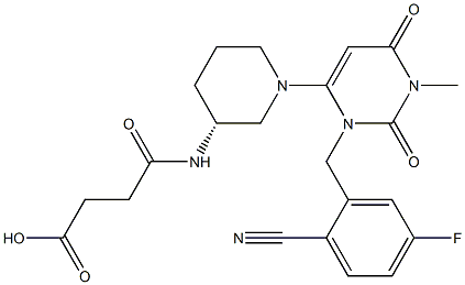 (R)-4-((1-(3-(2-cyano-5-fluorobenzyl)-1-methyl-2,6-dioxo-1,2,3,6-tetrahydropyrimidin-4-yl)piperidin-3-yl)amino)-4-oxobutanoic acid Struktur