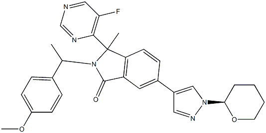 3-(5-fluoropyrimidin-4-yl)-2-((R)-1-(4-methoxyphenyl)ethyl)-3-methyl-6-(1-(tetrahydro-2H-pyran-2-yl)-1H-pyrazol-4-yl)isoindolin-1-one Struktur