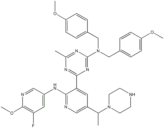 4-(2-(5-fluoro-6-methoxypyridin-3-ylamino)-5-(1-(piperazin-1-yl)ethyl)pyridin-3-yl)-N,N-bis(4-methoxybenzyl)-6-methyl-1,3,5-triazin-2-amine Struktur