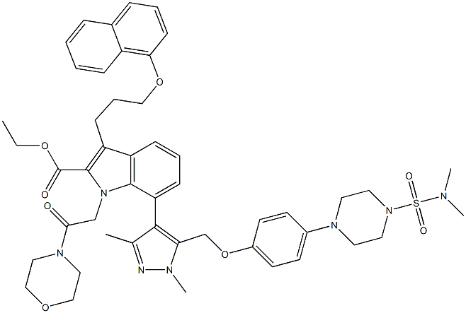 ethyl 7-(5-((4-(4-(N,N-dimethylsulfamoyl)piperazin-1-yl)phenoxy)methyl)-1,3-dimethyl-1H-pyrazol-4-yl)-1-(2-morpholino-2-oxoethyl)-3-(3-(naphthalen-1-yloxy)propyl)-1H-indole-2-carboxylate Struktur