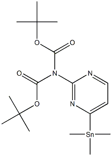 2-(bis(tert-butoxycarbonyl)amino)-6-trimethylstannylpyrimidine Struktur