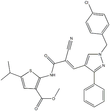 (E)-methyl 2-(3-(1-(4-chlorobenzyl)-3-phenyl-1H-pyrazol-4-yl)-2-cyanoacrylamido)-5-isopropylthiophene-3-carboxylate Struktur