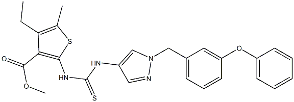 methyl 4-ethyl-5-methyl-2-(3-(1-(3-phenoxybenzyl)-1H-pyrazol-4-yl)thioureido)thiophene-3-carboxylate Struktur