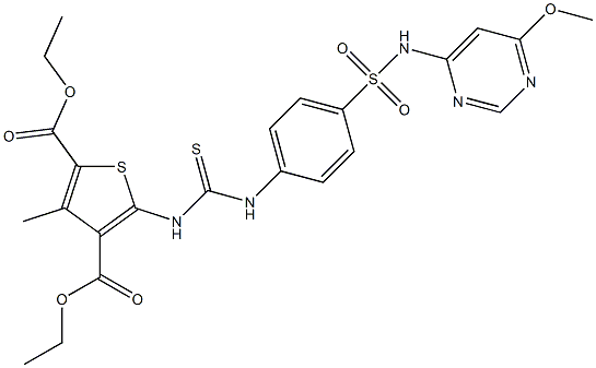 diethyl 5-(3-(4-(N-(6-methoxypyrimidin-4-yl)sulfamoyl)phenyl)thioureido)-3-methylthiophene-2,4-dicarboxylate Struktur