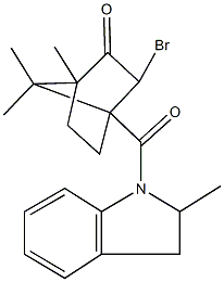 3-bromo-1,7,7-trimethyl-4-[(2-methyl-2,3-dihydro-1H-indol-1-yl)carbonyl]bicyclo[2.2.1]heptan-2-one Struktur