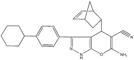 6-amino-4-bicyclo[2.2.1]hept-5-en-2-yl-3-(4-cyclohexylphenyl)-1,4-dihydropyrano[2,3-c]pyrazole-5-carbonitrile Struktur