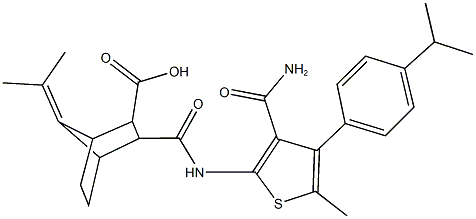 3-({[3-(aminocarbonyl)-4-(4-isopropylphenyl)-5-methyl-2-thienyl]amino}carbonyl)-7-(1-methylethylidene)bicyclo[2.2.1]heptane-2-carboxylic acid Struktur