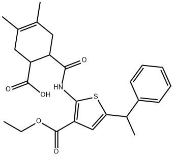 6-({[3-(ethoxycarbonyl)-5-(1-phenylethyl)-2-thienyl]amino}carbonyl)-3,4-dimethyl-3-cyclohexene-1-carboxylic acid Struktur