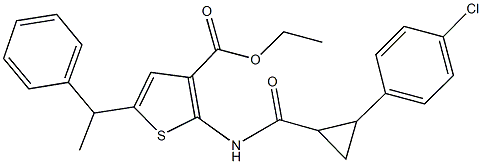 ethyl 2-({[2-(4-chlorophenyl)cyclopropyl]carbonyl}amino)-5-(1-phenylethyl)-3-thiophenecarboxylate Struktur