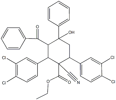 ethyl 3-benzoyl-1-cyano-2,6-bis(3,4-dichlorophenyl)-4-hydroxy-4-phenylcyclohexanecarboxylate Struktur