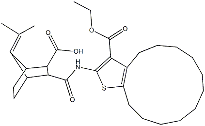 3-({[3-(ethoxycarbonyl)-5,6,7,8,9,10,11,12,13,14-decahydro-4H-cyclotrideca[b]thien-2-yl]amino}carbonyl)-7-(1-methylethylidene)bicyclo[2.2.1]heptane-2-carboxylic acid Struktur