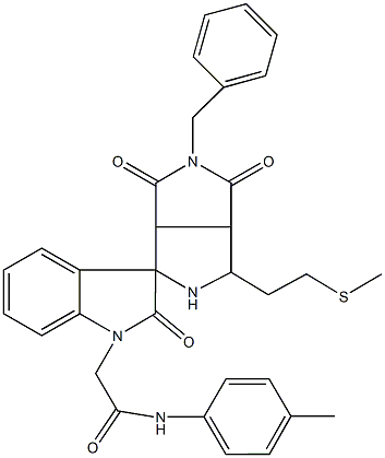 N-(4-methylphenyl)-2-(2'-benzyl-2,3,3'a,4',6',6'a-hexahydro-4'-[2-{methylsulfanyl}ethyl]-1',2,3'(2'H,3'aH)-trioxospiro{1H-indole-3,6'-pyrrolo[3,4-c]pyrrole}-1-yl)acetamide Struktur