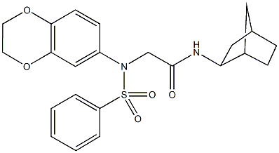 N-bicyclo[2.2.1]hept-2-yl-2-[2,3-dihydro-1,4-benzodioxin-6-yl(phenylsulfonyl)amino]acetamide Struktur