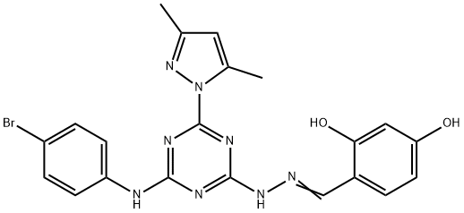 2,4-dihydroxybenzaldehyde [4-(4-bromoanilino)-6-(3,5-dimethyl-1H-pyrazol-1-yl)-1,3,5-triazin-2-yl]hydrazone Struktur