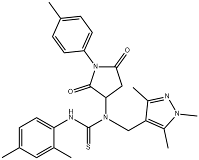 N'-(2,4-dimethylphenyl)-N-[1-(4-methylphenyl)-2,5-dioxo-3-pyrrolidinyl]-N-[(1,3,5-trimethyl-1H-pyrazol-4-yl)methyl]thiourea Struktur