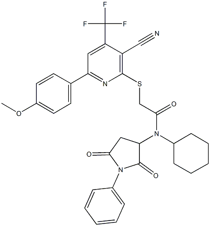 2-{[3-cyano-6-(4-methoxyphenyl)-4-(trifluoromethyl)-2-pyridinyl]sulfanyl}-N-cyclohexyl-N-(2,5-dioxo-1-phenyl-3-pyrrolidinyl)acetamide Struktur