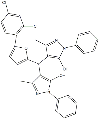 4-[[5-(2,4-dichlorophenyl)-2-furyl](5-hydroxy-3-methyl-1-phenyl-1H-pyrazol-4-yl)methyl]-3-methyl-1-phenyl-1H-pyrazol-5-ol Struktur