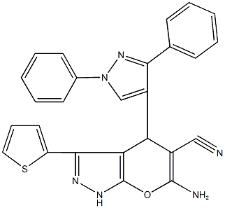 6-amino-4-(1,3-diphenyl-1H-pyrazol-4-yl)-3-(2-thienyl)-1,4-dihydropyrano[2,3-c]pyrazole-5-carbonitrile Struktur