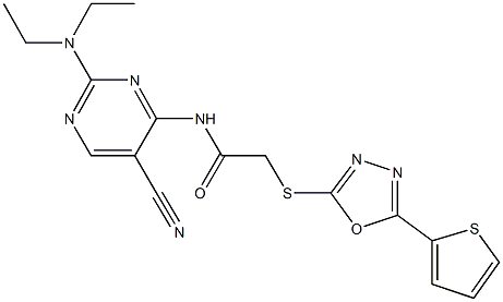 N-[5-cyano-2-(diethylamino)-4-pyrimidinyl]-2-{[5-(2-thienyl)-1,3,4-oxadiazol-2-yl]sulfanyl}acetamide Struktur