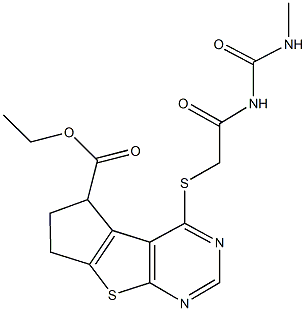 ethyl 4-[(2-{[(methylamino)carbonyl]amino}-2-oxoethyl)sulfanyl]-6,7-dihydro-5H-cyclopenta[4,5]thieno[2,3-d]pyrimidine-5-carboxylate Struktur