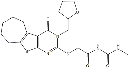 N-methyl-N'-({[4-oxo-3-(tetrahydro-2-furanylmethyl)-3,5,6,7,8,9-hexahydro-4H-cyclohepta[4,5]thieno[2,3-d]pyrimidin-2-yl]sulfanyl}acetyl)urea Struktur