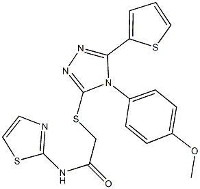 2-{[4-(4-methoxyphenyl)-5-(2-thienyl)-4H-1,2,4-triazol-3-yl]sulfanyl}-N-(1,3-thiazol-2-yl)acetamide Struktur