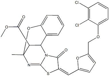 methyl (13E)-13-({5-[(2,3-dichlorophenoxy)methyl]-2-furyl}methylene)-9-methyl-14-oxo-8-oxa-12-thia-10,15-diazatetracyclo[7.6.1.0~2,7~.0~11,15~]hexadeca-2,4,6,10-tetraene-16-carboxylate Struktur