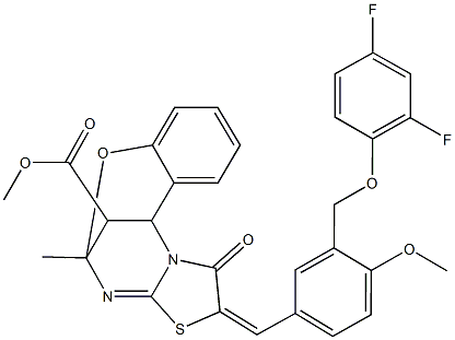 methyl (13E)-13-{3-[(2,4-difluorophenoxy)methyl]-4-methoxybenzylidene}-9-methyl-14-oxo-8-oxa-12-thia-10,15-diazatetracyclo[7.6.1.0~2,7~.0~11,15~]hexadeca-2,4,6,10-tetraene-16-carboxylate Struktur