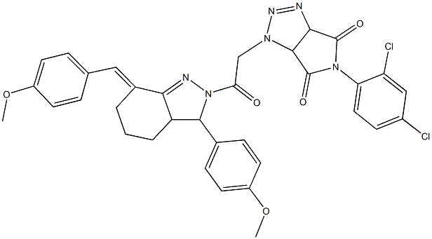 5-(2,4-dichlorophenyl)-1-{2-[7-(4-methoxybenzylidene)-3-(4-methoxyphenyl)-3,3a,4,5,6,7-hexahydro-2H-indazol-2-yl]-2-oxoethyl}-3a,6a-dihydropyrrolo[3,4-d][1,2,3]triazole-4,6(1H,5H)-dione Struktur