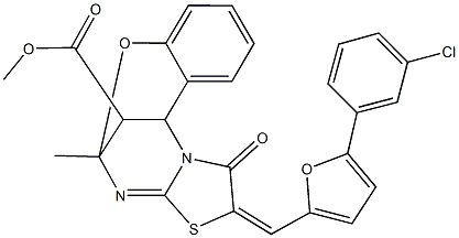 methyl (13E)-13-{[5-(3-chlorophenyl)-2-furyl]methylene}-9-methyl-14-oxo-8-oxa-12-thia-10,15-diazatetracyclo[7.6.1.0~2,7~.0~11,15~]hexadeca-2,4,6,10-tetraene-16-carboxylate Struktur