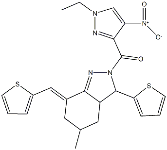 2-({1-ethyl-4-nitro-1H-pyrazol-3-yl}carbonyl)-5-methyl-3-(2-thienyl)-7-(2-thienylmethylene)-3,3a,4,5,6,7-hexahydro-2H-indazole Struktur