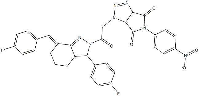 1-{2-[7-(4-fluorobenzylidene)-3-(4-fluorophenyl)-3,3a,4,5,6,7-hexahydro-2H-indazol-2-yl]-2-oxoethyl}-5-{4-nitrophenyl}-3a,6a-dihydropyrrolo[3,4-d][1,2,3]triazole-4,6(1H,5H)-dione Struktur