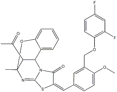 16-acetyl-13-{3-[(2,4-difluorophenoxy)methyl]-4-methoxybenzylidene}-9-methyl-8-oxa-12-thia-10,15-diazatetracyclo[7.6.1.0~2,7~.0~11,15~]hexadeca-2,4,6,10-tetraen-14-one Struktur