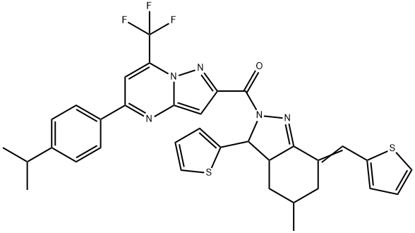 5-(4-isopropylphenyl)-2-{[5-methyl-3-(2-thienyl)-7-(2-thienylmethylene)-3,3a,4,5,6,7-hexahydro-2H-indazol-2-yl]carbonyl}-7-(trifluoromethyl)pyrazolo[1,5-a]pyrimidine Struktur